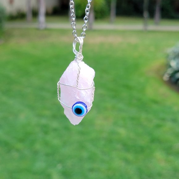 Rose Quartz Evil Eye Crystal Pendant - Picture 7 of 10